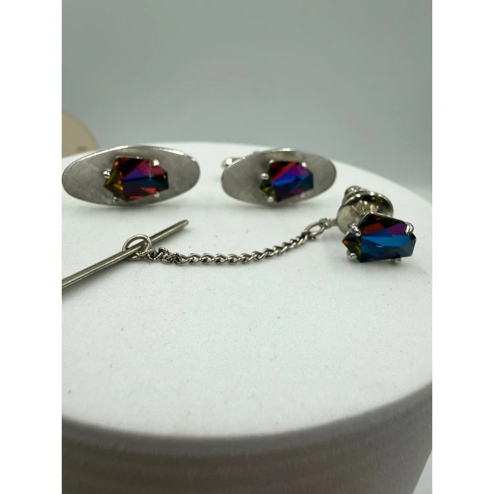 Vtg Silver Tone Iridescent Rhinestone Cufflinks and Tie Tack Set Mens Jewelry